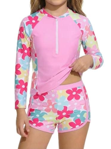 Image of JiAmy Girls Swimsuit 2 Piece Rash Guard Set Long Sleeve UV Sun Protection Swimwear with Shorts Half Zip Mermaid Unicorn Flamingo Floral Bathing Suit 3-4 Years,Pink-Flower