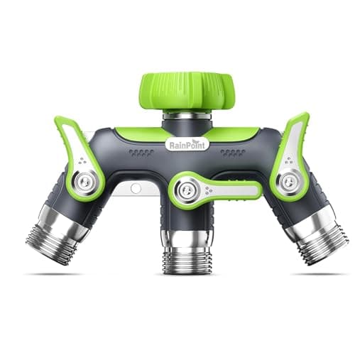 Image of RAINPOINT Garden Hose Splitter 3 Way, 3/4" Heavy Duty Water Hose connector with Shutoff Valves and 3/4" to 1/2" Adapter, 100% Metal Body Outdoor Faucet Splitter, 1.9" Extra Long Metal Handle