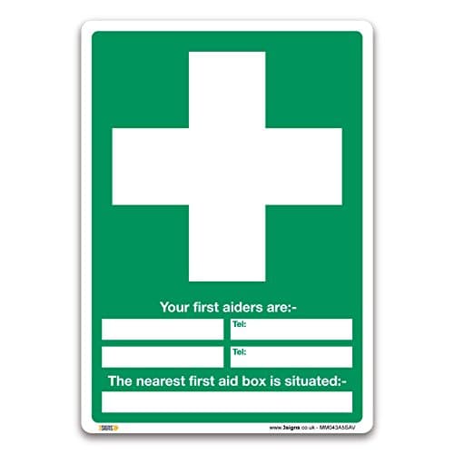 Image of Pack of 2 First Aiders & Aid Equipment Locations - Versatile First Aid Signs - A5 Self-adhesive Vinyl - Compliance with EU & UK Legislation, BS EN ISO 7010 & BS 5499