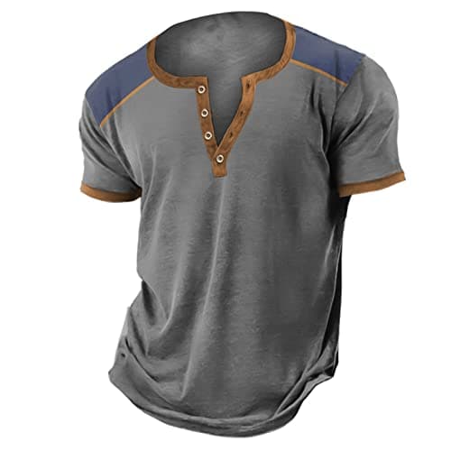 Image of Mens Distressed Henley Shirts Short Sleeve Fashion Soft Casual Tops Gym Sports Quick Drying Tee Muscle Fit Clothes for Men UK A-Grey