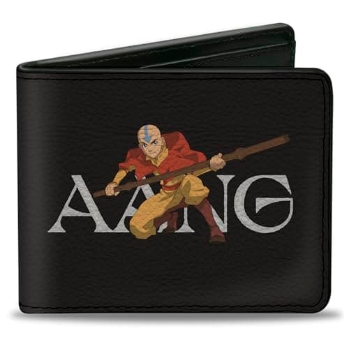 Image of Buckle-Down Nickelodeon Vegan Leather Mens Bifold Wallet with Billfolds, Card Slots & ID Holder - Avatar The Last Airbender Aang Airbender Staff Pose - Black, White, Black, 4.0" x 3.5", Casual