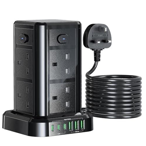Image of 10M Tower Extension Lead with USB, Toomke 8 Way 6 USB Multi Socket Plug Extension, Overload Protection Tower Power Strip with Switches, 13A 3250W UK Socket Tower Power Cords 10 Meters for Home Office