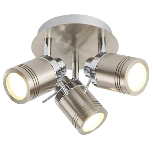 Image of Britalia Satin Silver Chrome Bathroom 3 Lamp Adjustable Round Plate Ceiling Spot Light | 28cm Diameter | IP44 Rating | Cylindrical Heads | 3 x GU10 Lamps Required | 240V UK | Stainless Steel