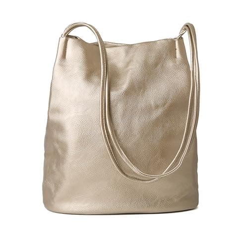 Image of Woodland Leathers Women's Medium Size Vegan Leather Hobo Bucket Tote Handbags For Women - Elegant Black Handbag With Long Straps, Stylishly Spacious Designer Elegance bags for women (Gold)