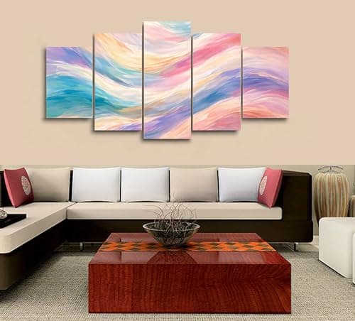 Image of 5 Piece Canvas Wall Art Five Panel Pastel Color Abstract Wave Artwork Canvas Prints Modern Decor for Living Room Bedroom Office Home Interior Decoration Soft Gradient Flow Design - FRAMED