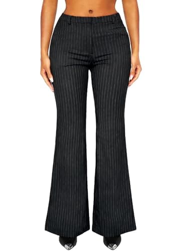 Image of HAWILAND Women Ladies Striped Elasticated Waist Straight Leg Formal Smart Casual Work Office Tailored Trousers Pants Black Large