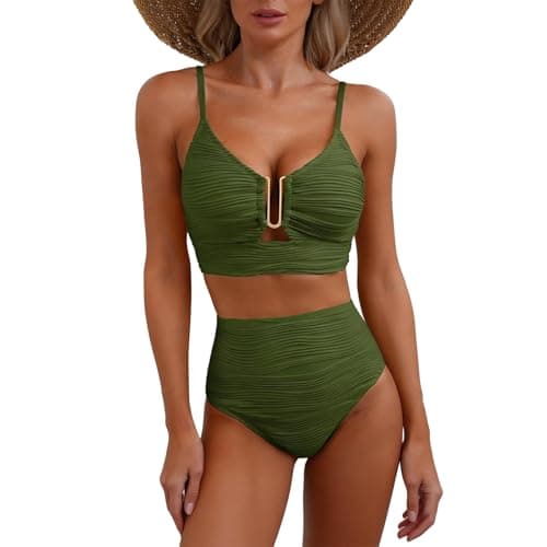 Image of InfiniZer High Waisted Bikini Set for Women Tummy Control Swimming Costume, Adjustable Bikini Swimdress with Removable Pads, Quick-Dry 2 Piece Swimwear (UK, Alpha, XL, Regular, Regular, Dark Green)