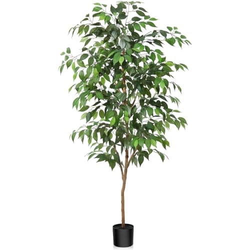 Image of Fopamtri Artificial Ficus Plant 150 cm Large Fake Plants Indoor with Natural Wood Trunk, Fake Potted Ficus Tree for Home Bedroom Office Balcony Garden Decorations (1 Pack)