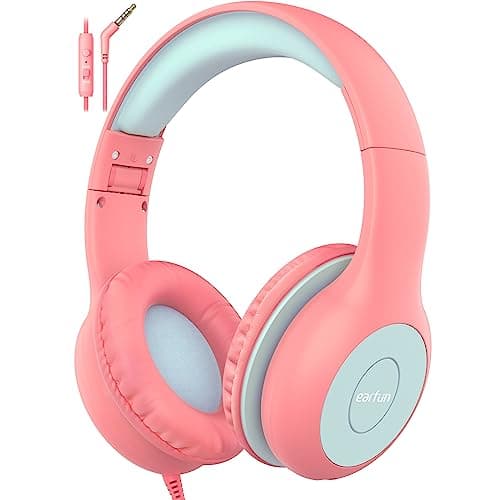 Image of EarFun Kids Headphones, Foldable Headphones for kids, 85/94dB Volume Limiter, Sharing Function, Stereo Sound, Adjustable Headband, Wired Children Headphone with mic for School/Travel/Phone, Pink Blue