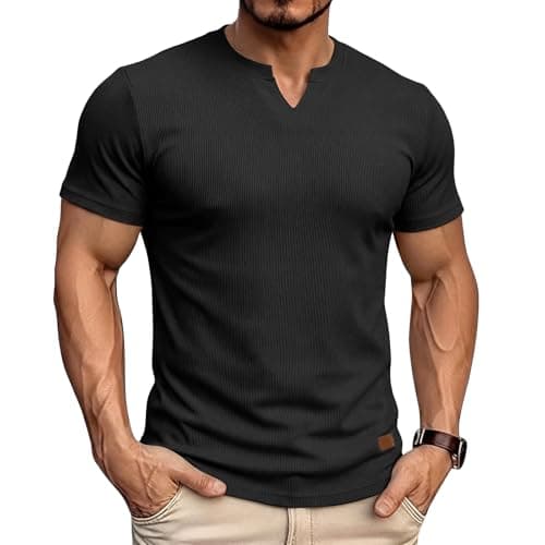 Image of Mens Short Sleeve T Shirt Summer Slim Fit V Neck Smart Casual Plain T-Shirts Stretch Knit Vertical Striped Tee Tops-Black-L