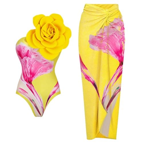 Image of IBAKOM One Piece Swimsuit for Women with Matching Swim Long Skirt Sexy Push Up Bathing Suits Two Pieces Bikini Set, Yellow Flower (2pcs), S