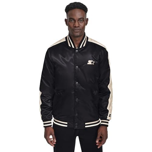 Image of Starter Men's Satin Varsity Midweight with Quilted Lining Long Sleeve Jacket, Black, L