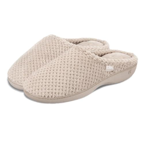 Image of Isotoner® Ladies Popcorn Terry Mule Slippers, Pillowstep® Memory Foam with 360° Surround Comfort, Secret Sole Support, Durable Sole, Machine Washable, Oat, 7 UK