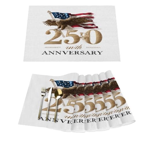 Image of American 250th Anniversary Words Vinyl Placemats Set of 6 for Dining Tables,Kitchen Table Mats Heat Resistant Washable Wipeable PVC Place Mat