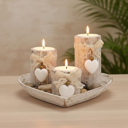 Image of Yocdunm Wooden Candle Holders with Tray Decorative Rocks,Home Decorations 3 Tea Light Candleholders Set Table Decor Gift for Living Room Bathroom, House Warming Gifts (Heart)