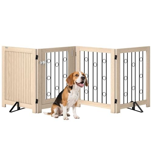 Image of PawHut Freestanding Pet Gate, Foldable Dog Gate with Lockable Door, Metal Support Feet & 360° Flexible Hinges, 4 Panel Indoor Safety Dog Barrier for House, Stairs, Doorway, 205 x 30.5 x 70 cm, Oak