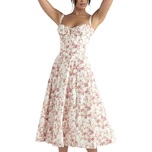 Image of IBTOM CASTLE Women's Floral Corset Dress Square Neck Spaghetti Strap Summer Boho Sundress Casual Flowy Slit Bustier Dresses White-Rose L