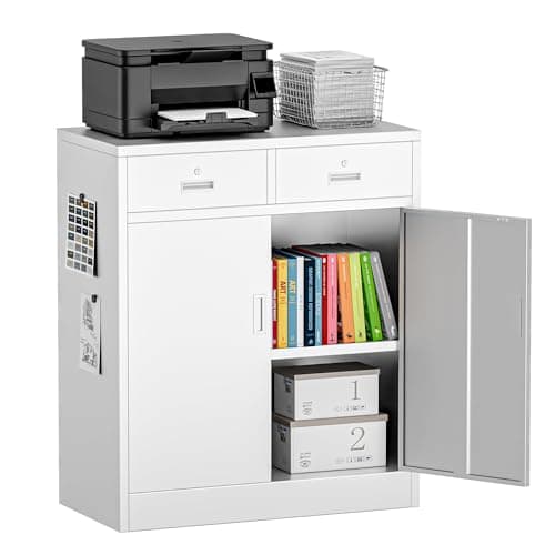 Image of Metal Storage Cabinet, 90cm Locking Storage Cabinet with Doors, Steel Storage Cabinet with 2 Drawers and Adjustable Shelf for Garage, Home, Office, Utility Room, Assembly Required(White, 90*80*40)