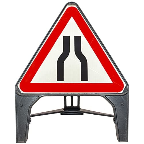 Image of Road Narrows Both 750mm Triangle Road Sign 516 - Plastic Temporary Road Street Traffic Safety Sign for Road and Street Works - Freestanding with Reflective Sign Face