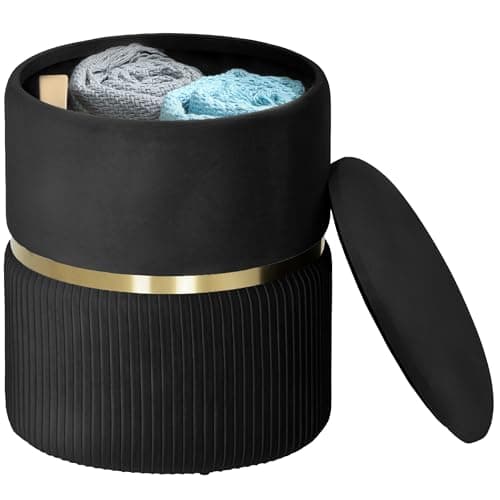 Image of HOMCOM Round Storage Stool, Velvet-feel Fabric Upholstered Vanity Stool with Removable Top, Padded Seat and Hidden Space for Living Room, Bedroom, Black