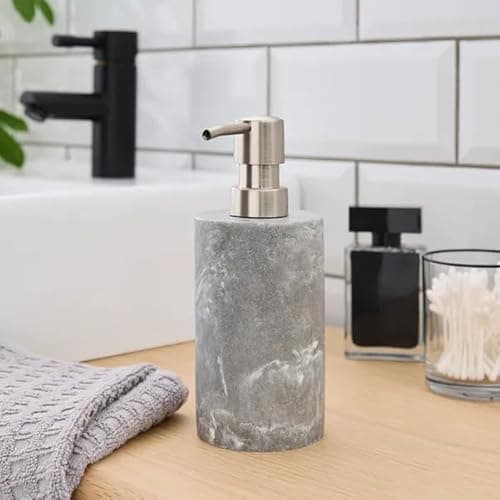 Image of New Modern Chic Grey Marble-Effect Soap and Lotion Dispenser with Silver Pump- Contemporary Design for Sink and Countertop Decor-M82 (Soap Dispenser)