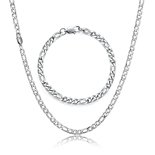 Image of HSWYFCJY Necklace Bracelet Set for Men Women Silver Figaro Necklace Bracelet Stainless Steel Chain 24 Inch Jewellery Gifts for Birthday Christmas