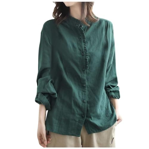 Image of Linen Summer Tops for Women Long Sleeve High Low 2026 Crinkle Gauze Shirts Embroidered Spring Oversized Party Blouses 3/4 Sleeve Casual Flowy Trendy Shirt Color Block Cotton Club Green