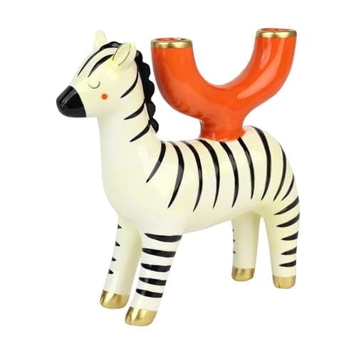 Image of Talking Tables Hand Painted Zebra Ceramic Candle Holder Decorative Animal Table Accessory for Dinner Party Table Centrepiece Shelves and Mantels Black & White Giftable Home Décor Candelabra 19cm