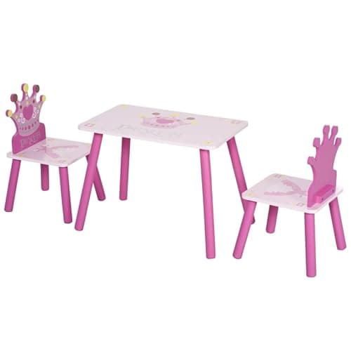 Image of Mengtu Kids Table and Chair Set, Princess Crown Theme 3 Piece Play Furniture Set in Pink MDF and Pine Wood for Toddlers Aged 2 to 4 Years ZSSCB-UKT3398P347693UK