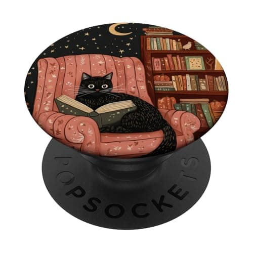 Image of Black Cat Reading a Book in a Cozy Autumn Setting PopSockets Adhesive PopGrip