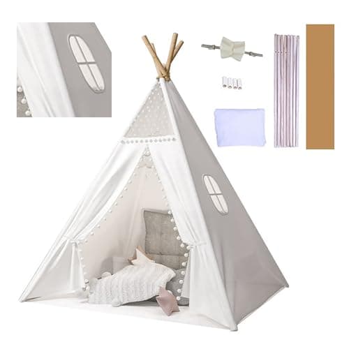 Image of Putentfun Teepee Tent for Kids,Kids Teepee Tent,Foldable Children Play Tent for Girl and Boy,120x120x160cm White Dacron Canvas Tipi Playhouse Toy for Indoor and Outdoor Games,Garden Beach Wigwam