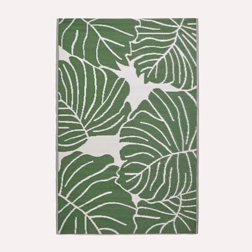 Image of HOMESCAPES Luxury Extra Large Outdoor Rugs for Garden Patio Waterproof Recycled Plastic Mat Carpet 180 x 270cm Reversible White & Green Leaf Rug Ada, Indoor/Outside & Portable, Seamless