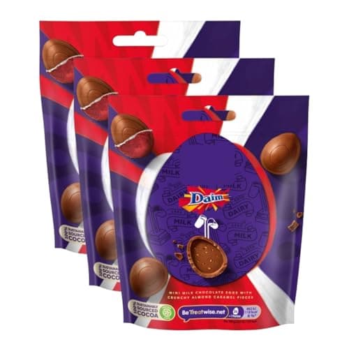 Image of Daiiry Milk Mini Daim Eggs 77g x Pack of 3 - Perfect for Sharing, Each Mini Egg Contains Crunchy Daim Pieces Nestled in Creamy and Delicious Dairy Milk Chocolate