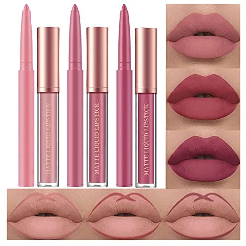 Image of 6Pcs Matte Liquid Lipstick Lip Liner Set, Velvety Nude Lipgloss Waterproof Non-Stick Cup Not Fade Liquid Lipstick Lipliner Make Up Gift Set (Set A)