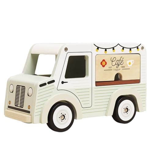 Image of Le Toy Van Wooden Mobile Café Van – FSC® 100% Certified Sustainable Wood Toy – Vintage Style Coffee Truck for Kids – Plastic-Free Pretend Play Vehicle