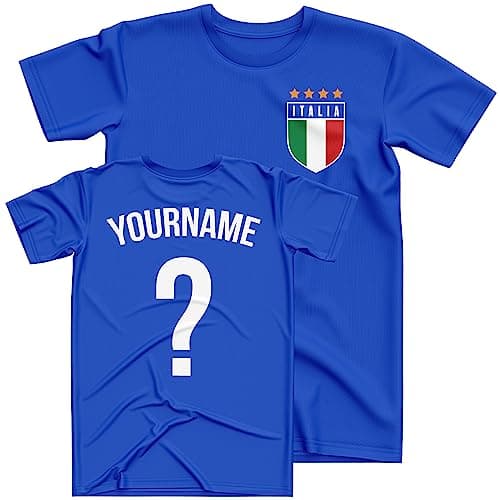 Image of Purple Print House Personalised Kids Italia Flag Football T Shirt Custom Name and Number Boys Girls Italy Retro Badge Italian Supporter, 5-6 Years, Royal