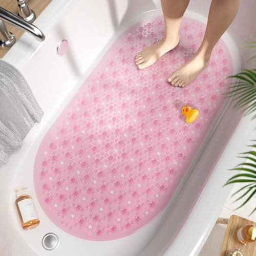 Image of HITSLAM Oval Bath Mat Non Slip Anti Mould, 68 x 38 CM Anti Slip Shower Mat for Bathroom, Machine Washable Bubble Bathtub mat with Suction Cups and Drain Holes, Soft on Feet, Pink