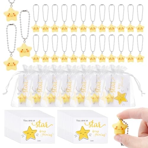 Image of UNICRAFTALE 50 Set Cute Star Keychains Resin Smile Face Hanging Ornaments with Inspirational Star Cards and Organza Gift Bags Appreciation Gifts for Christmas Student Rewards Party Bag Fillers