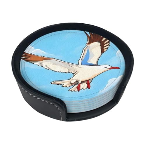 Image of Flying Seagulls 6-piece coaster set with stand, for home décor, suitable for all kinds of cups and coffee mugs.