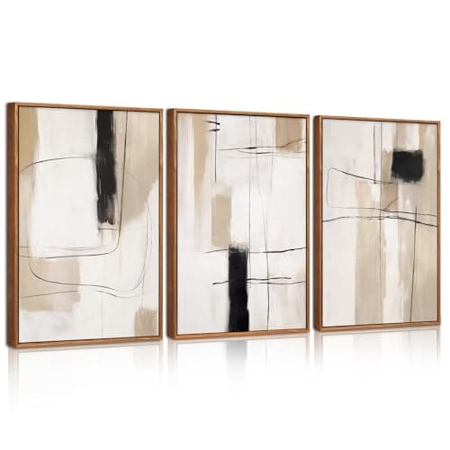 Image of CHDITB Wooden Framed Abstract Yellow Gray Canvas Wall Art,Set of 3 Modern Abstract Canvas Wall Poster,Black and White Wall Prints,30x40cm Neutral Minimalist Wall Decor for Living Room,Bedroom,Office