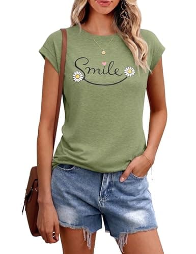 Image of Aottori T Shirt for Women UK Summer Short Sleeve Scoop Neck T-Shirts Ladies Smile Letter Print Tee Tops Oversize 2026 Fashion Green XXL