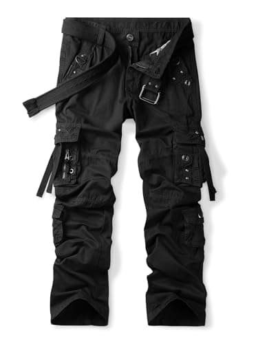 Image of Aeslech Men's Cotton Casual Baggy Work Cargo Trousers Hiking Travel Pants with Pockets Relaxed Loose Fit Black 38