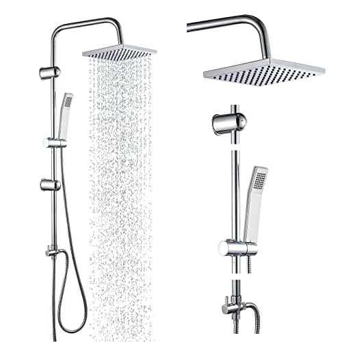 Image of Bathroom Thermostatic Shower Mixer Set, Handheld Shower and with Adjustable 8" Overhead Rainfall Shower Head, Adjustable Height, Twin Head & Body Chrome Plated Set