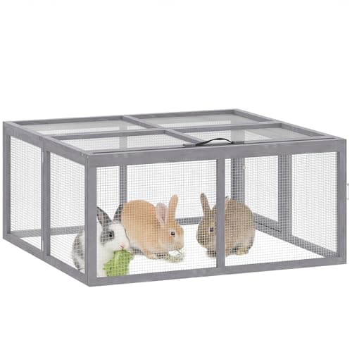 Image of Pawhut Rabbit Run Wooden Rabbit Hutch Cage 6ft with Wire Mesh, Openable Roof, Play Space for Outdoor, 110 x 105 x 50 cm, Grey
