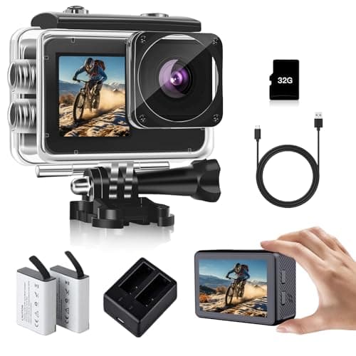 Image of fceoul Action Camera 1080P FHD 16MP, 40M Waterproof Camera for Underwater & Sports with 2" & 1.3" Dual Colour Screens, Includes 32GB SD Card, 2x 1050mAh Batteries & Mounting Kit（Black）
