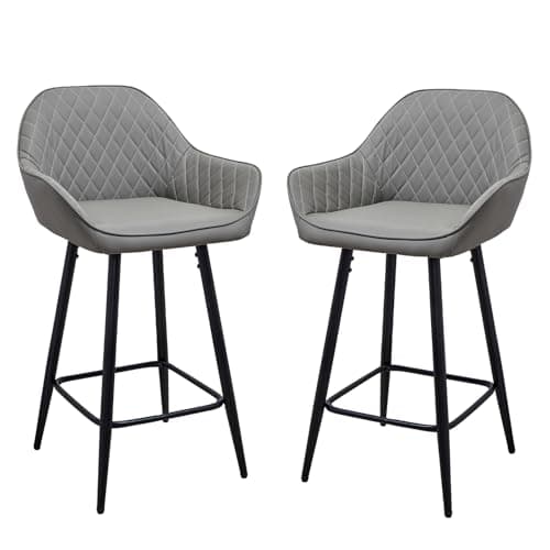Image of Panana Set of 2 Barstools Home Breakfast Pub Stools Cafe Chairs Mid Back Fixed Metal Legs (Grey)