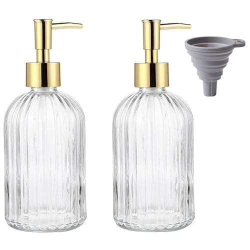 Image of TRIXES Ribbed Glass Soap Dispenser Bottles, 2-Pack, Gold, 400ml with Silicone Funnel