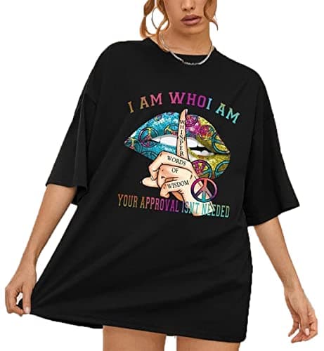 Image of WearAll Women Ladies Oversized I Am Who I Am Print Short Sleeve T-Shirt Top Black Plus Size 16-18
