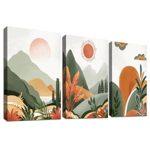 Image of 3 Pcs Wooden Framed Canvas Wall Art Canvas Prints Bohemian Desert and Sun Painting Green Mountains Plants Floral Pictures for Living Room Bedroom Bathroom Hallway Stairs Wall Decor 30x40 cm x3pcs