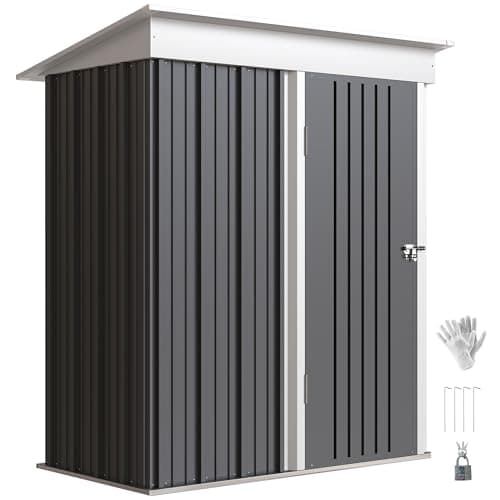 Image of Outsunny 5x3ft Garden Shed, Outdoor Metal Shed with Adjustable Shelf, Pent Roof, Lock and Gloves for Patio Tool Storage, Dark Grey with Foundation Kit